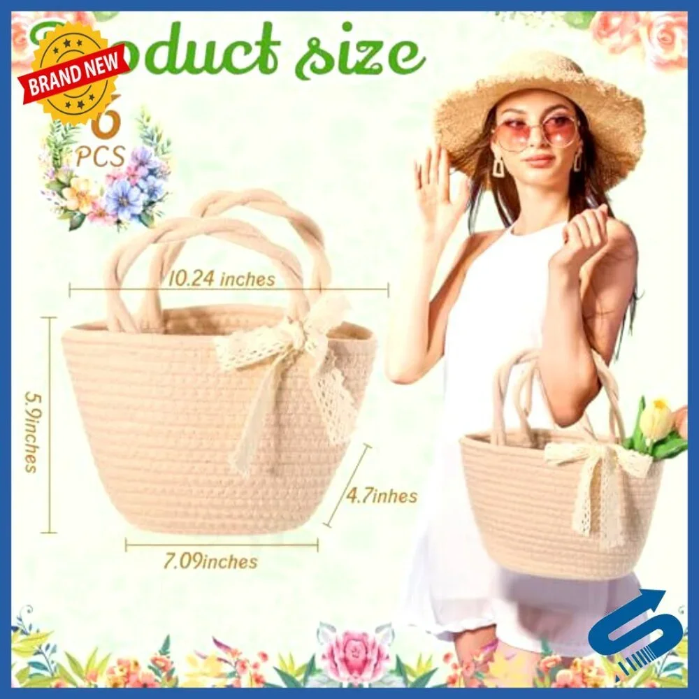 Cotton Rope Woven Tote Bag with Lace Bow Reusable Gift Bags for Weddings